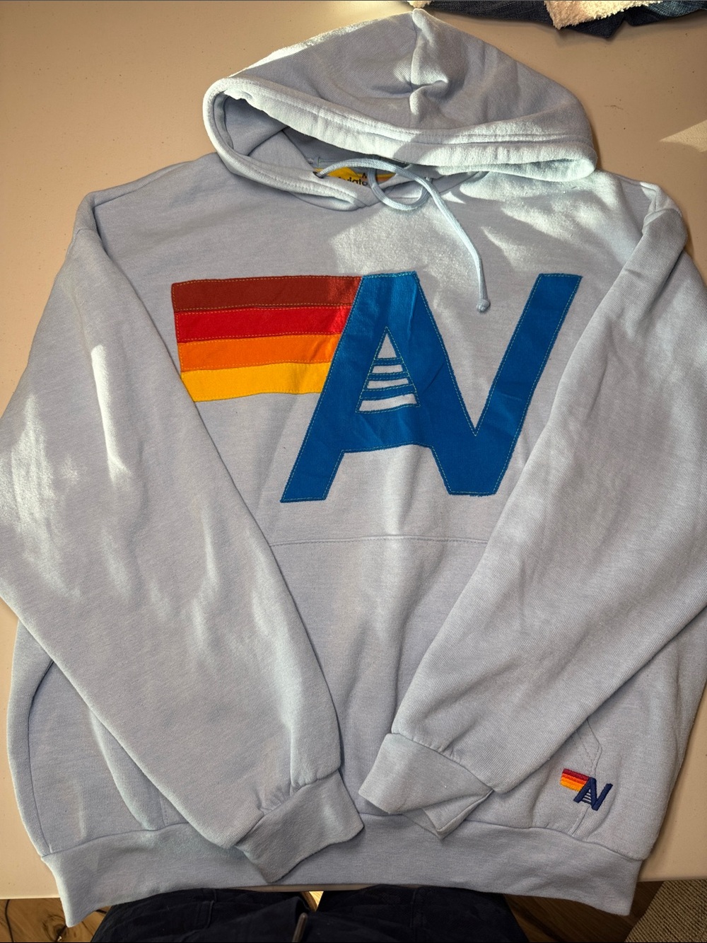 Aviator Nation Logo Stitch Relaxed Hoodie Ice Blue Unisex Medium